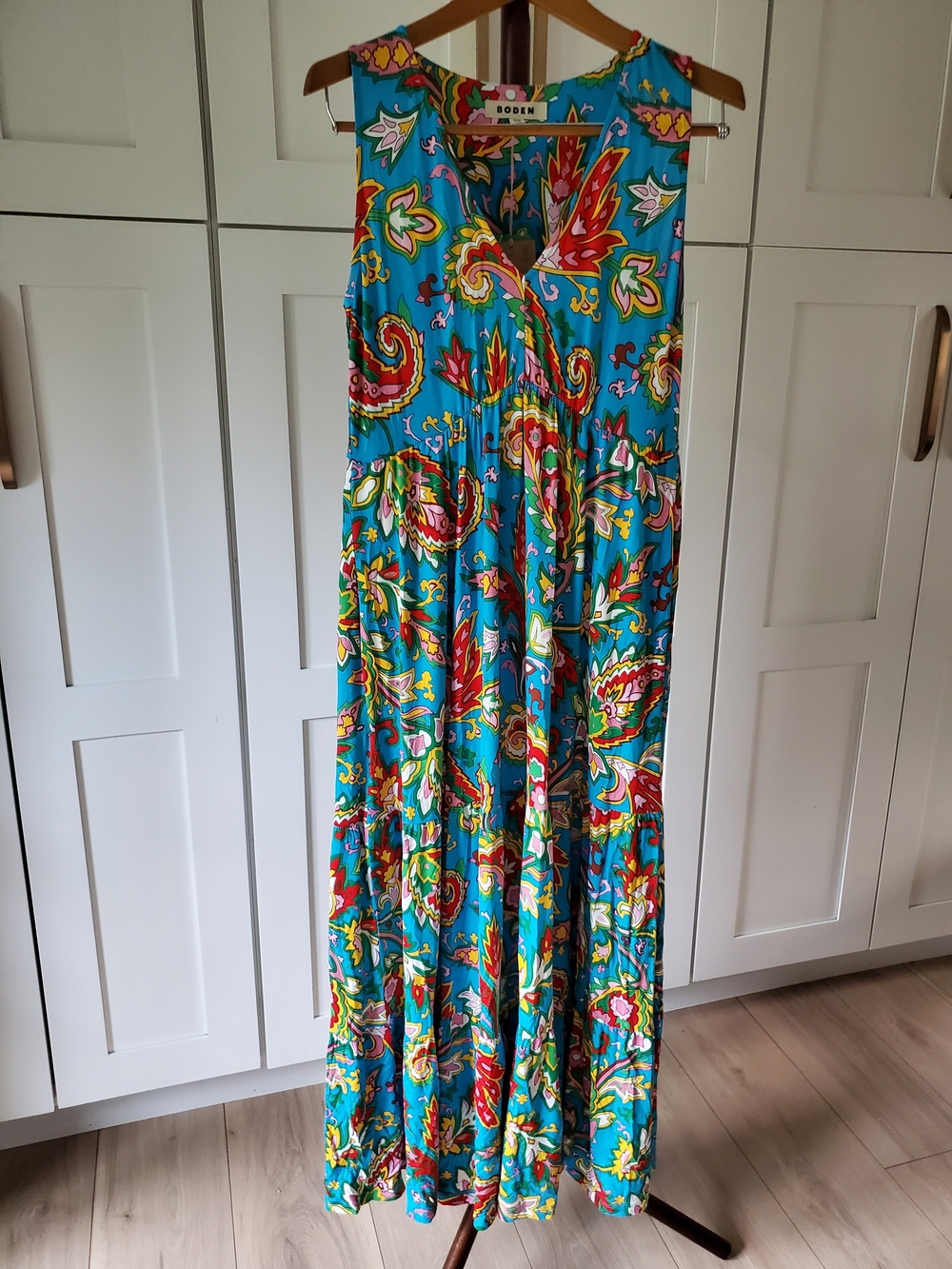 Boden Paisley Una Dress Womens 6R Mink Blue Long Sleeveless Maxi